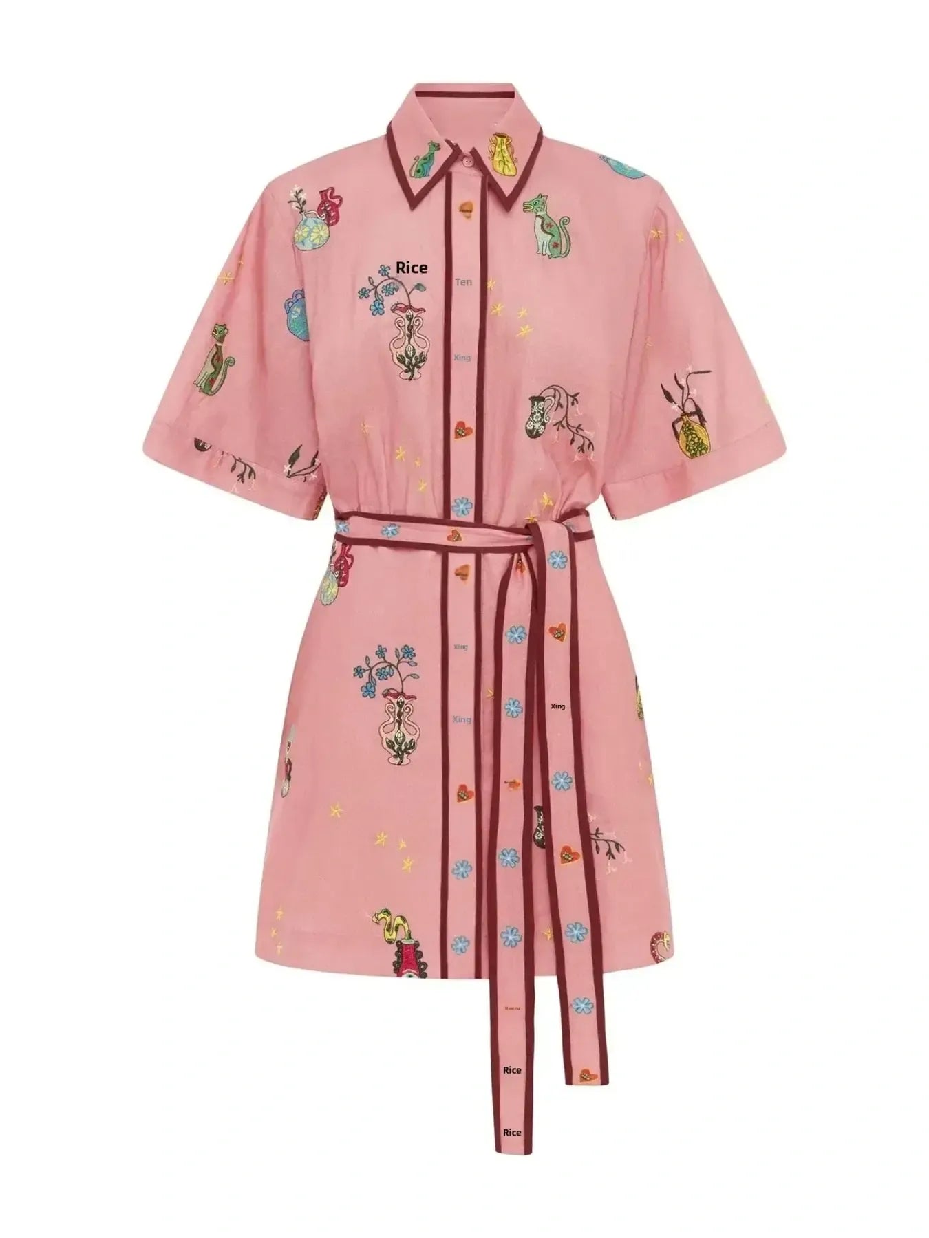 Embroidered Tie Waist Shirt Dress OutfitFlow