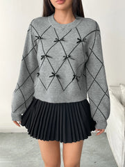 Diamond Pattern Bow Detail Sweater OutfitFlow