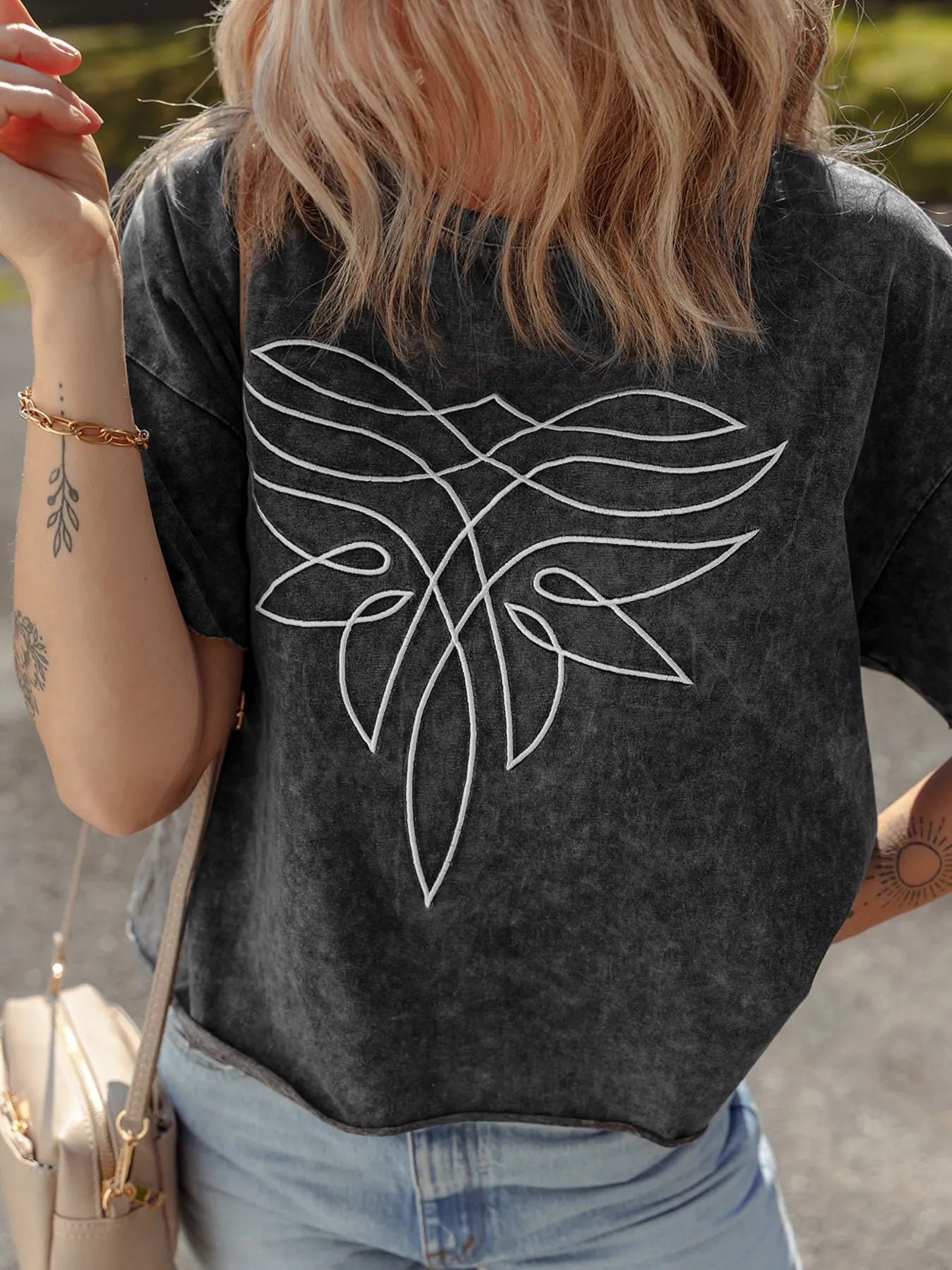 Floral Embroidered Mineral Wash Crew Neck T Shirt OutfitFlow