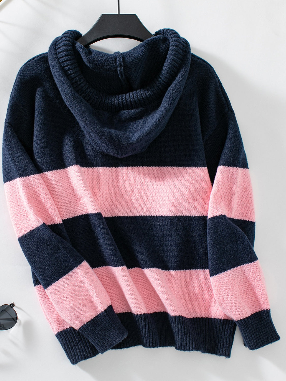 Outfit Flow - Drawstring Contrast Stripe Dropped Shoulder Hooded Sweater