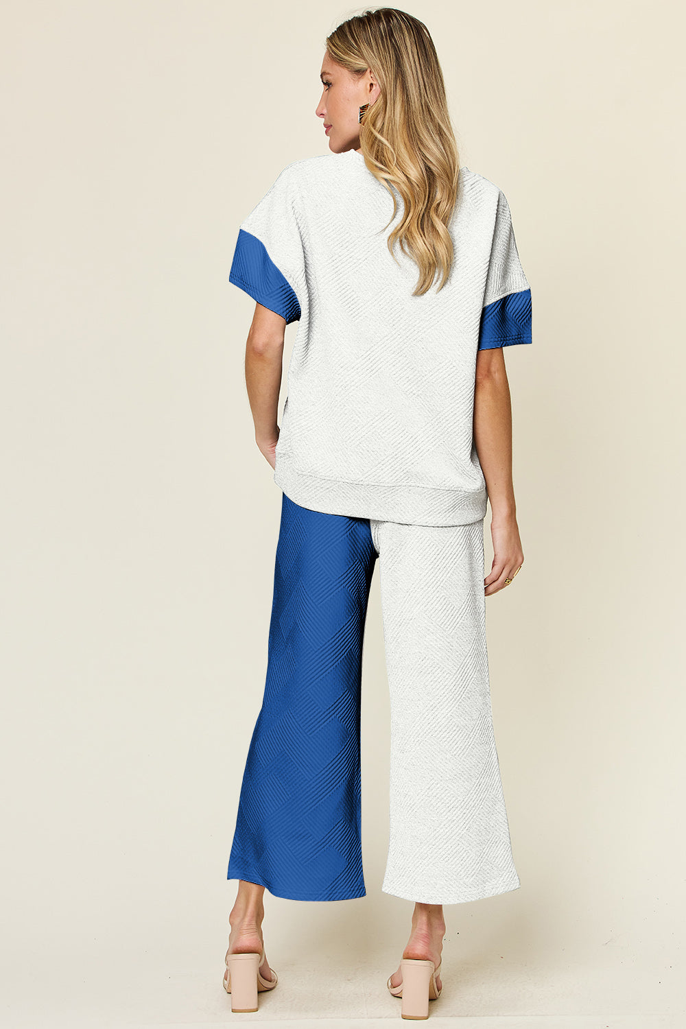 Outfit Flow - Double Take Full Size Texture Contrast T-Shirt and Wide Leg Pants Set