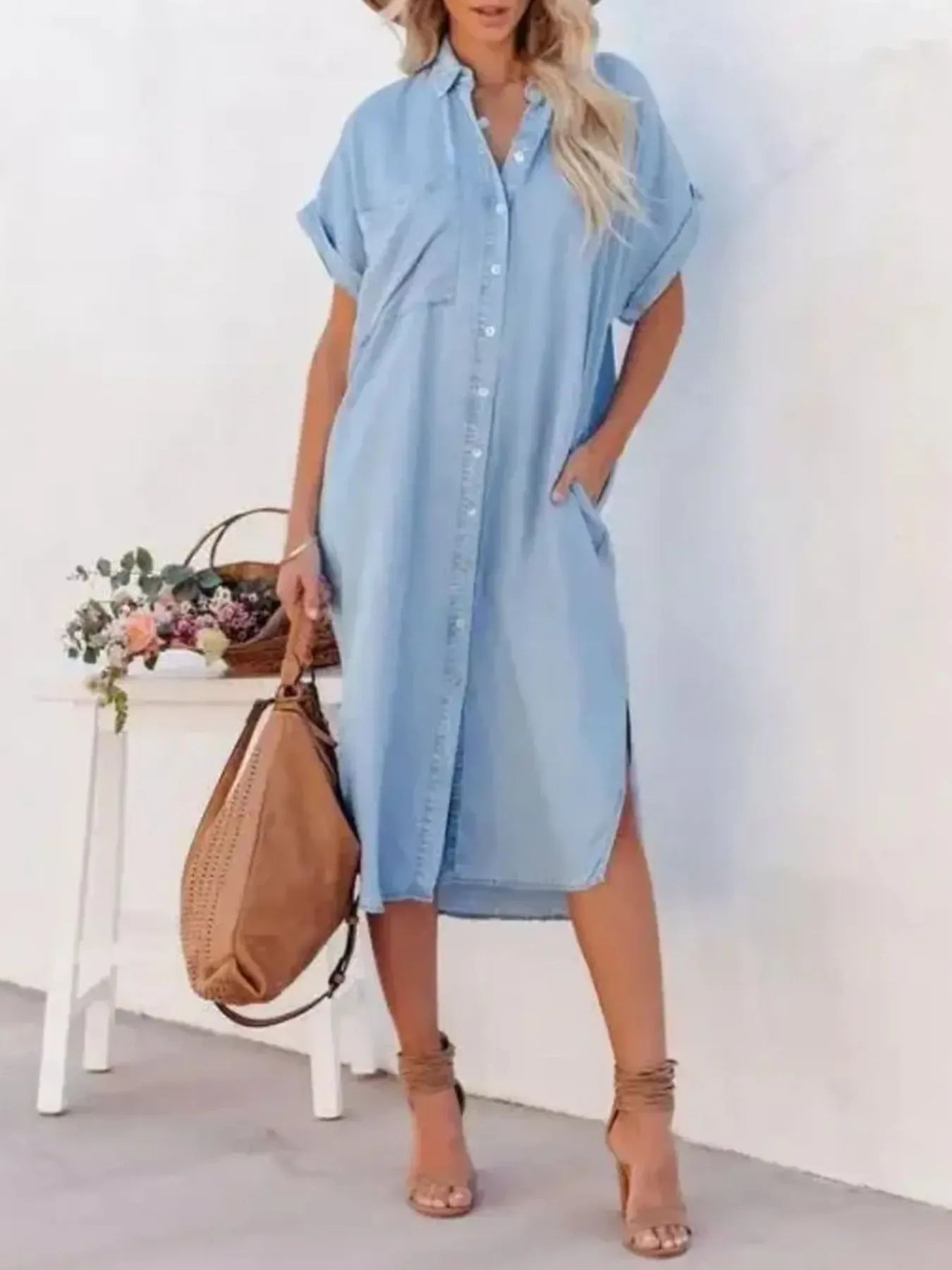 Button Down Denim Midi Shirt Dress OutfitFlow