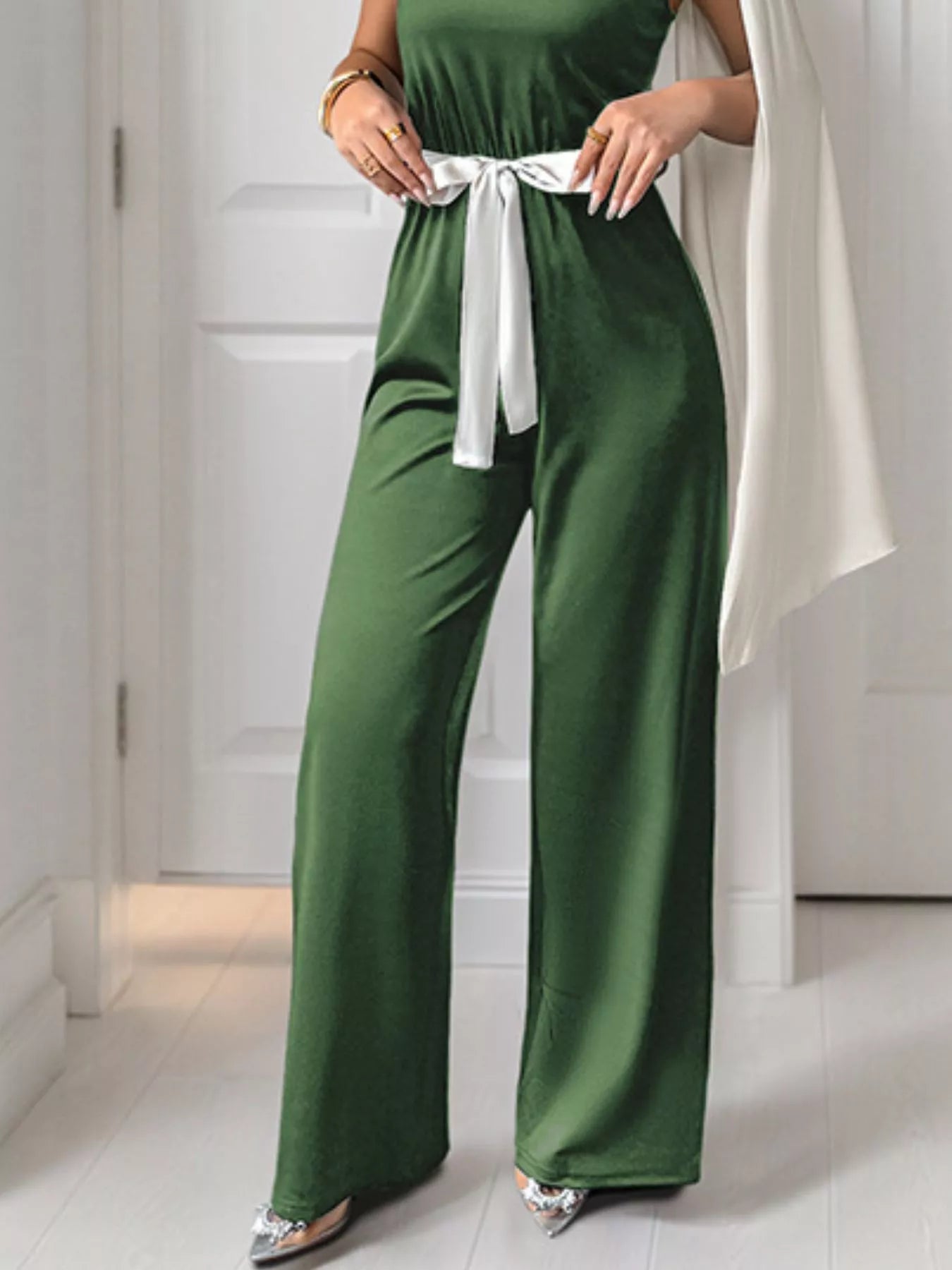 One-Shoulder Bowknot Wide Leg Jumpsuit OutfitFlow