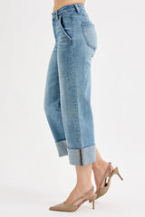RISEN Full Size Tummy Control High Rise Ankle Wide Cuffed Jeans Plus Size OutfitFlow