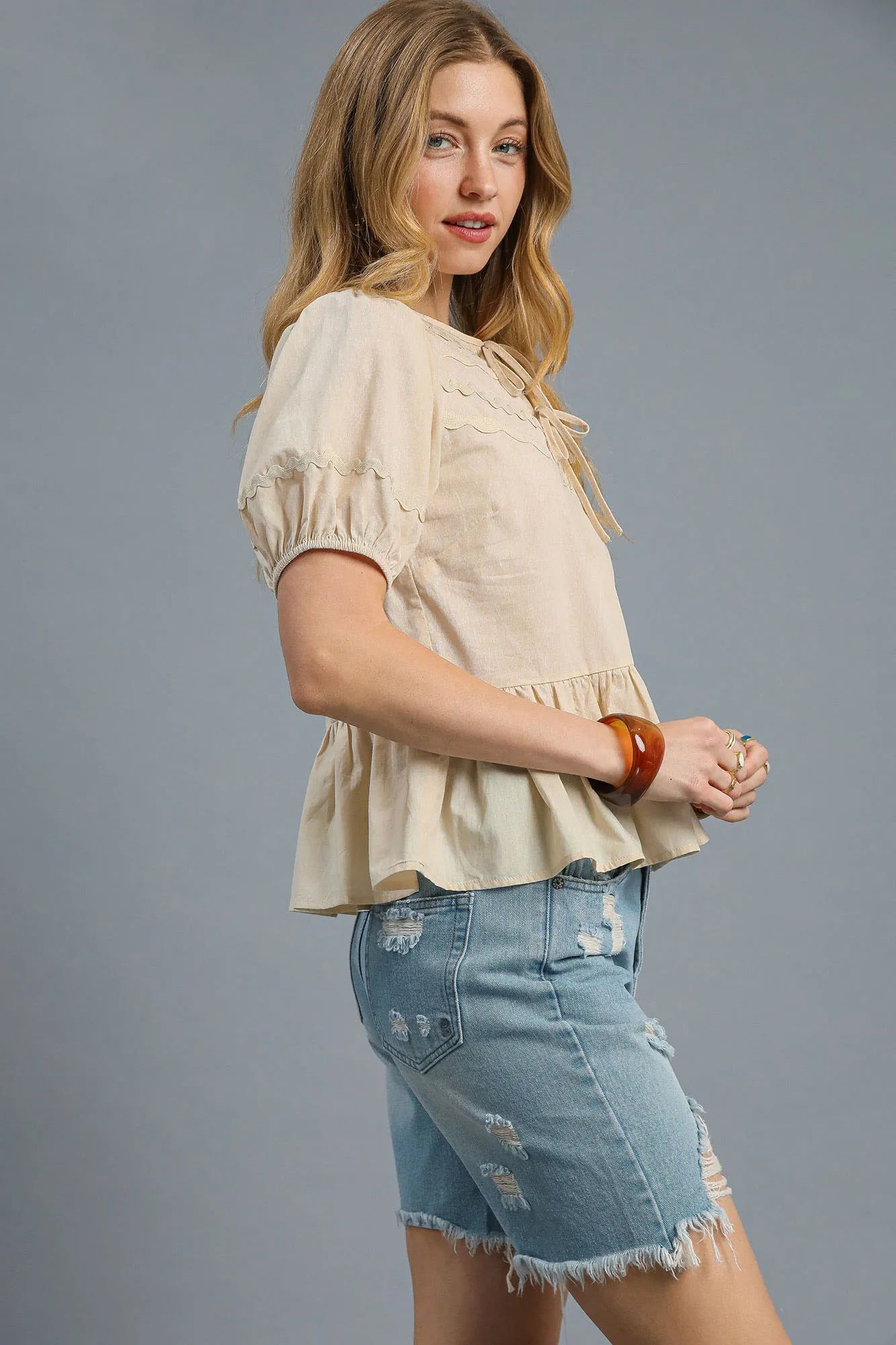 Umgee Tie Front Puff Sleeve Blouse OutfitFlow