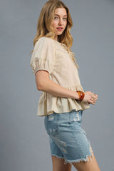 Umgee Tie Front Puff Sleeve Blouse OutfitFlow