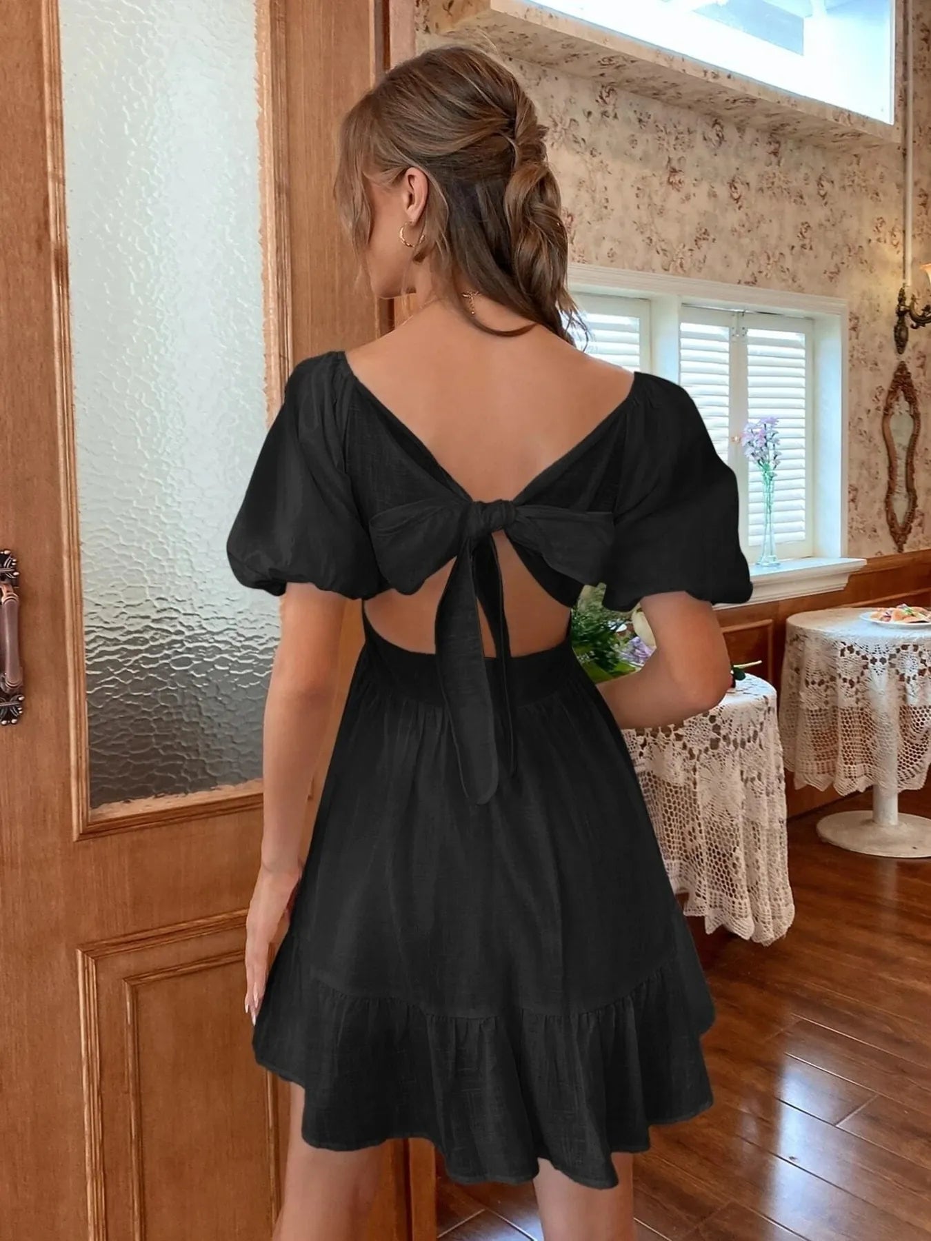 Square Neck Puff Sleeve Mini Dress OutfitFlow