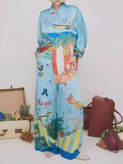 Tropical Print Button Down Shirt and Pants Set Sky Blue OutfitFlow