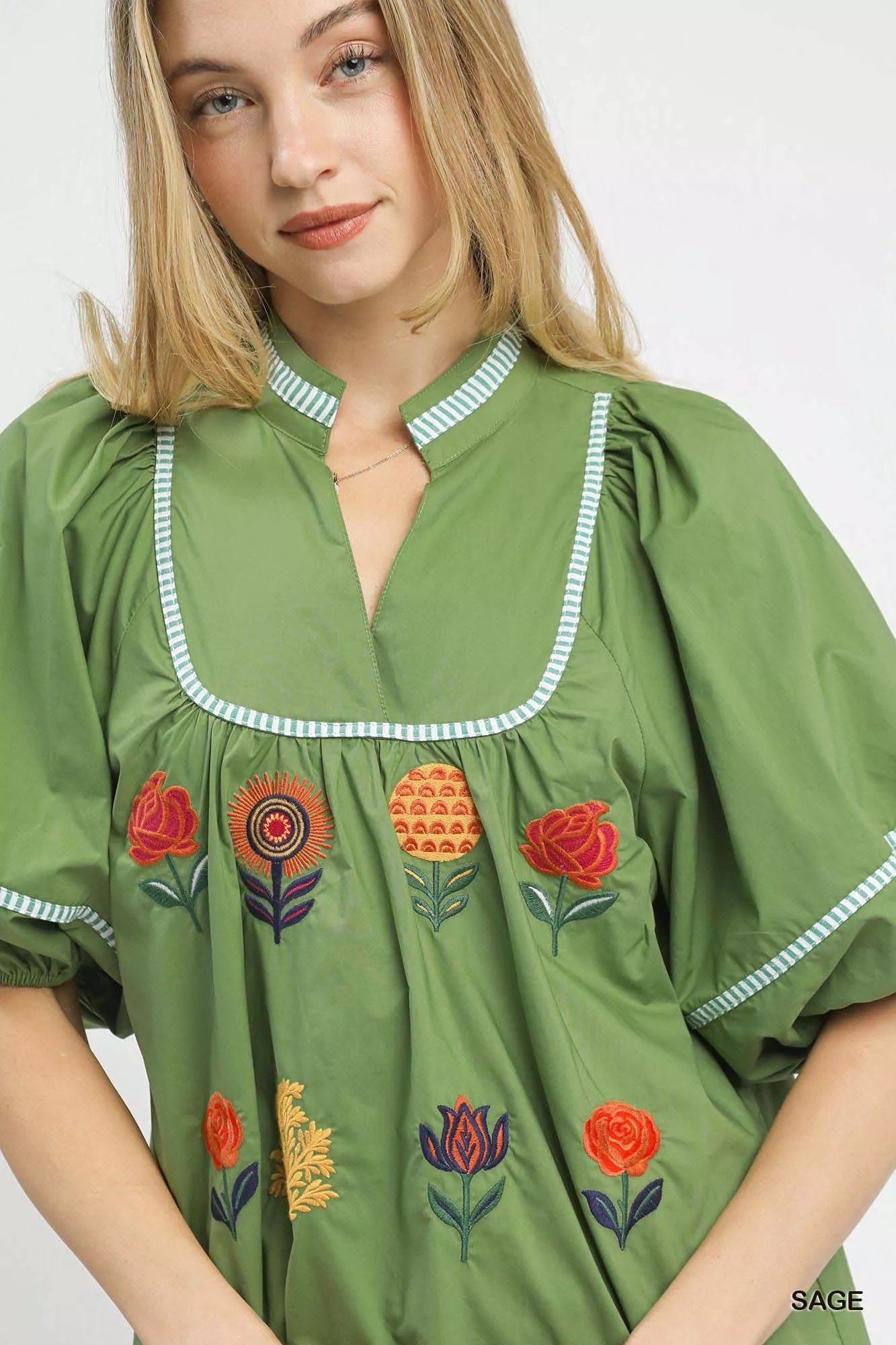 Umgee Embroidered Floral Puff Sleeve Top OutfitFlow