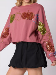 Sequined Pumpkin Halloween Crop Sweatshirt OutfitFlow