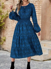 Smocked Round Neck Balloon Sleeve Midi Dress OutfitFlow