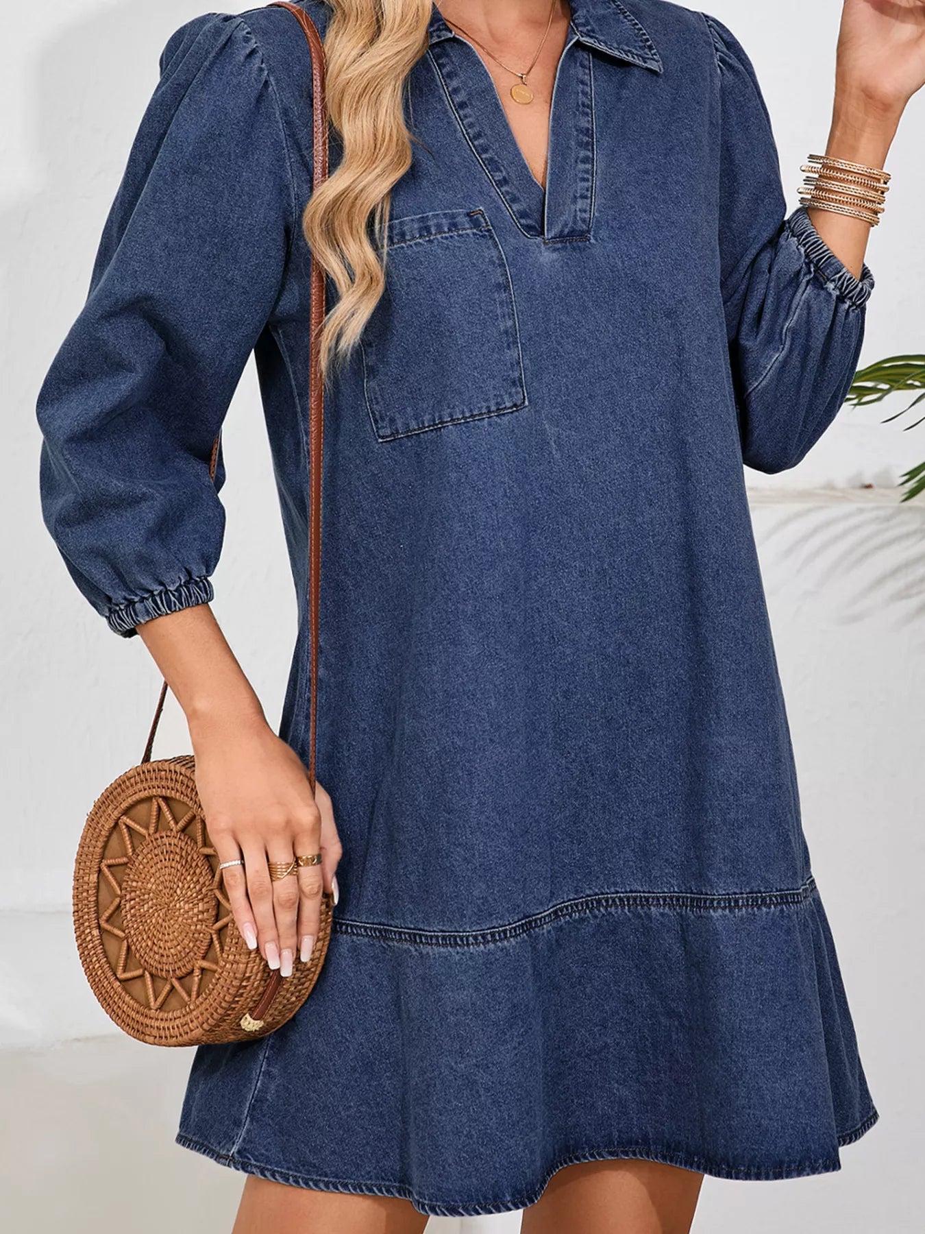 V Neck Collared Single Chest Pocket Long Sleeve Denim Dress OutfitFlow