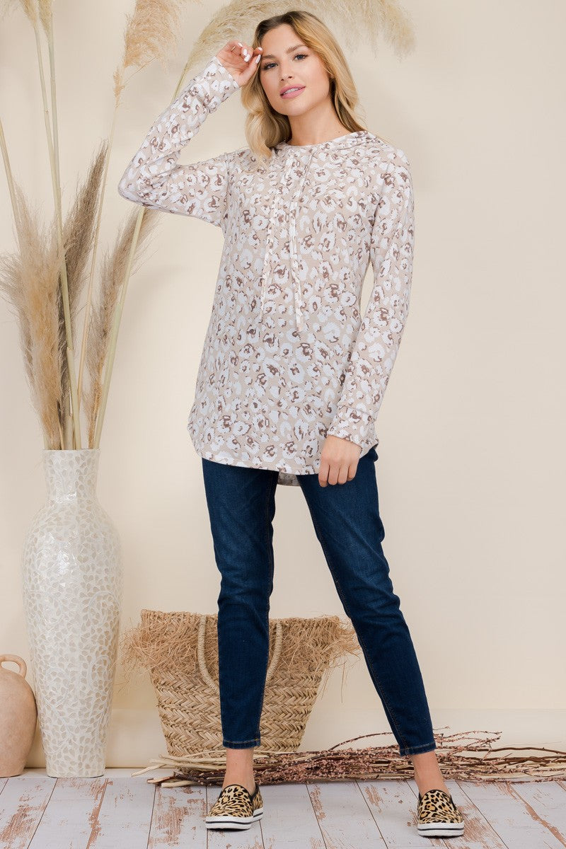 Outfit Flow - Celeste Full Size Drawstring Leopard Long Sleeve Hooded Blouse