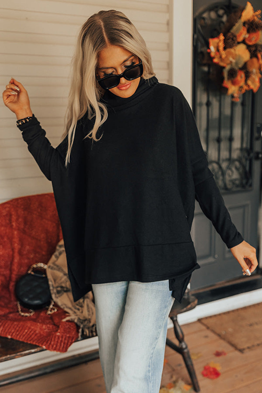 Outfit Flow - Side Slit High-Low Cowl Neck Long Sleeve Blouse