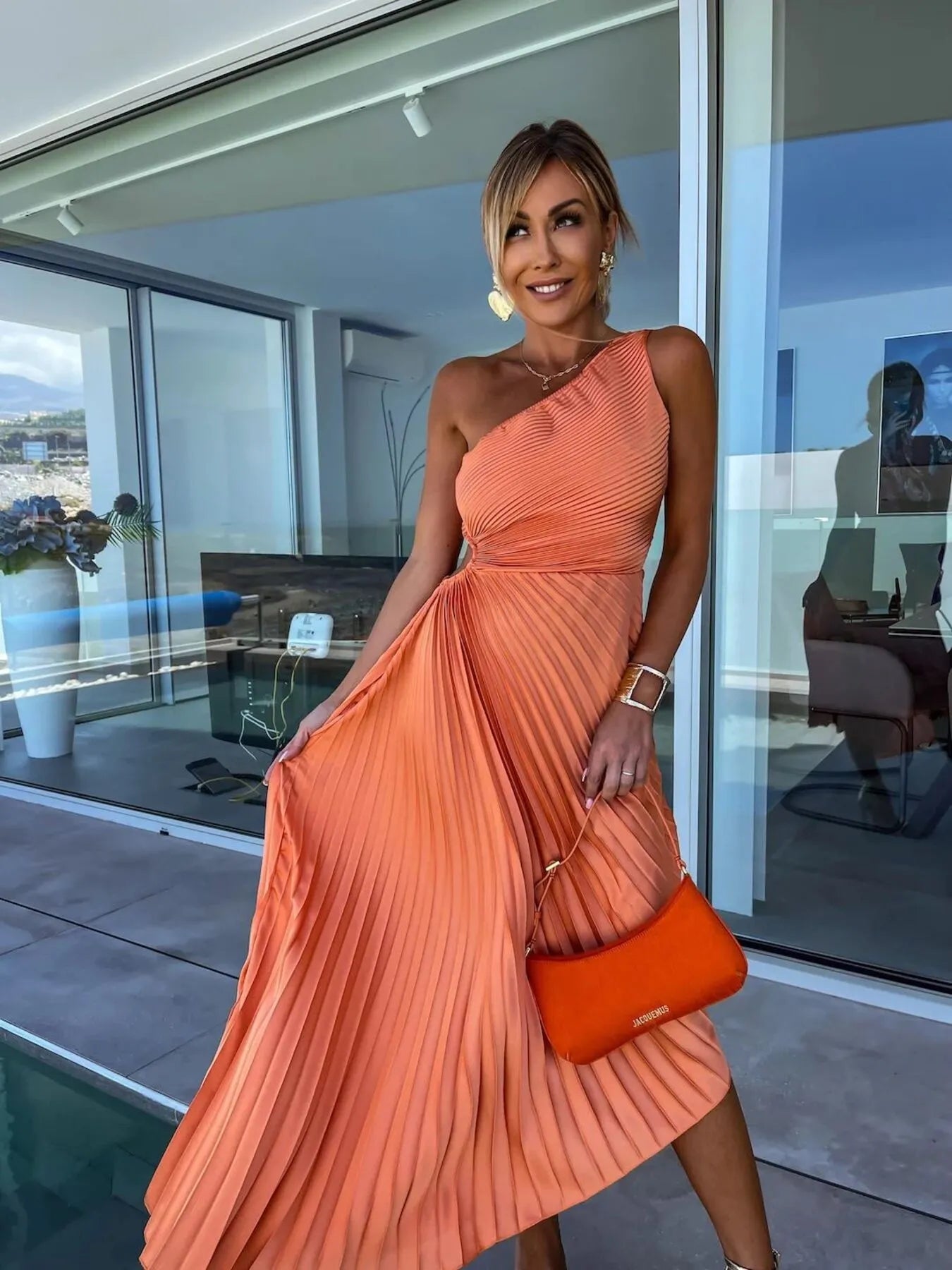 Full Size Single Shoulder Pleated Midi Dress Plus Size Orange OutfitFlow