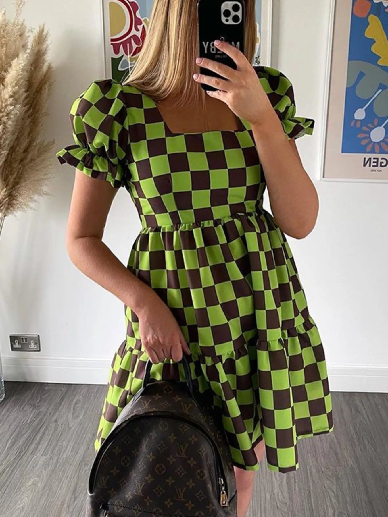Checkered Short Sleeve Tiered Mini Dress OutfitFlow
