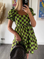 Checkered Short Sleeve Tiered Mini Dress OutfitFlow