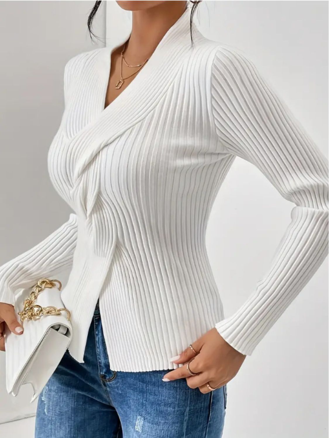 Outfit Flow - Twist Front Ribbed Long Sleeve Sweater