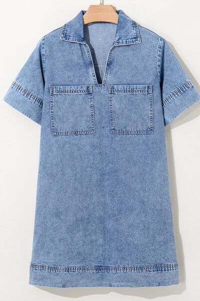 Short Sleeve Collared Patched Pocket Denim Mini Dress OutfitFlow