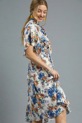 Umgee Floral Print Flutter Sleeve Dress OutfitFlow