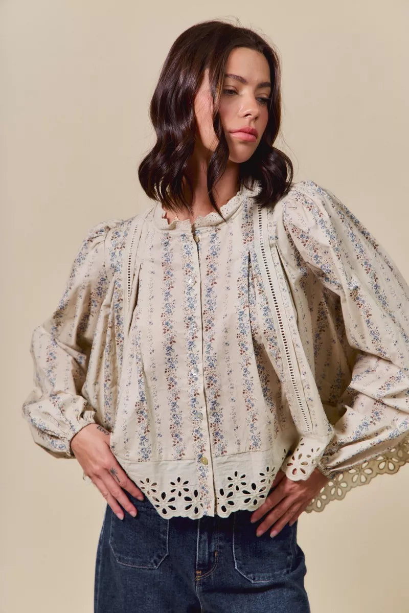 SO ME Floral Print Lace Button Down Shirt OutfitFlow