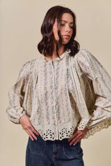 SO ME Floral Print Lace Button Down Shirt OutfitFlow