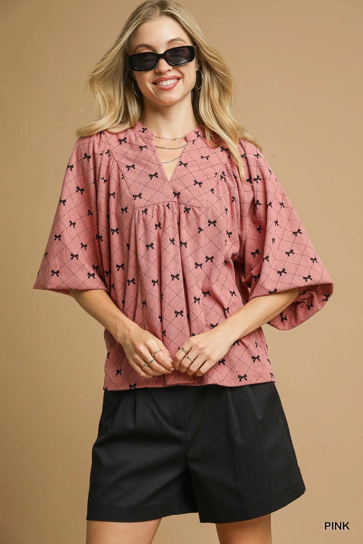 Umgee Corduroy Bow Print Balloon Sleeve Blouse Pink Trendsi