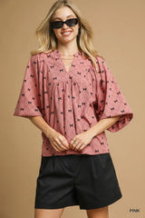 Umgee Corduroy Bow Print Balloon Sleeve Blouse Pink Trendsi