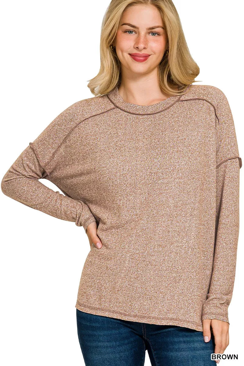 Zenana Full Size Melange Hacci Exposed Seam Hi-low Tee Plus Size BROWN OutfitFlow