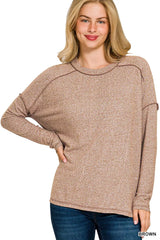 Zenana Full Size Melange Hacci Exposed Seam Hi-low Tee Plus Size BROWN OutfitFlow