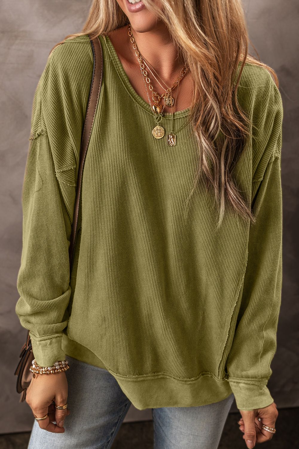 Outfit Flow - Textured Round Neck Long Sleeve Sweatshirt