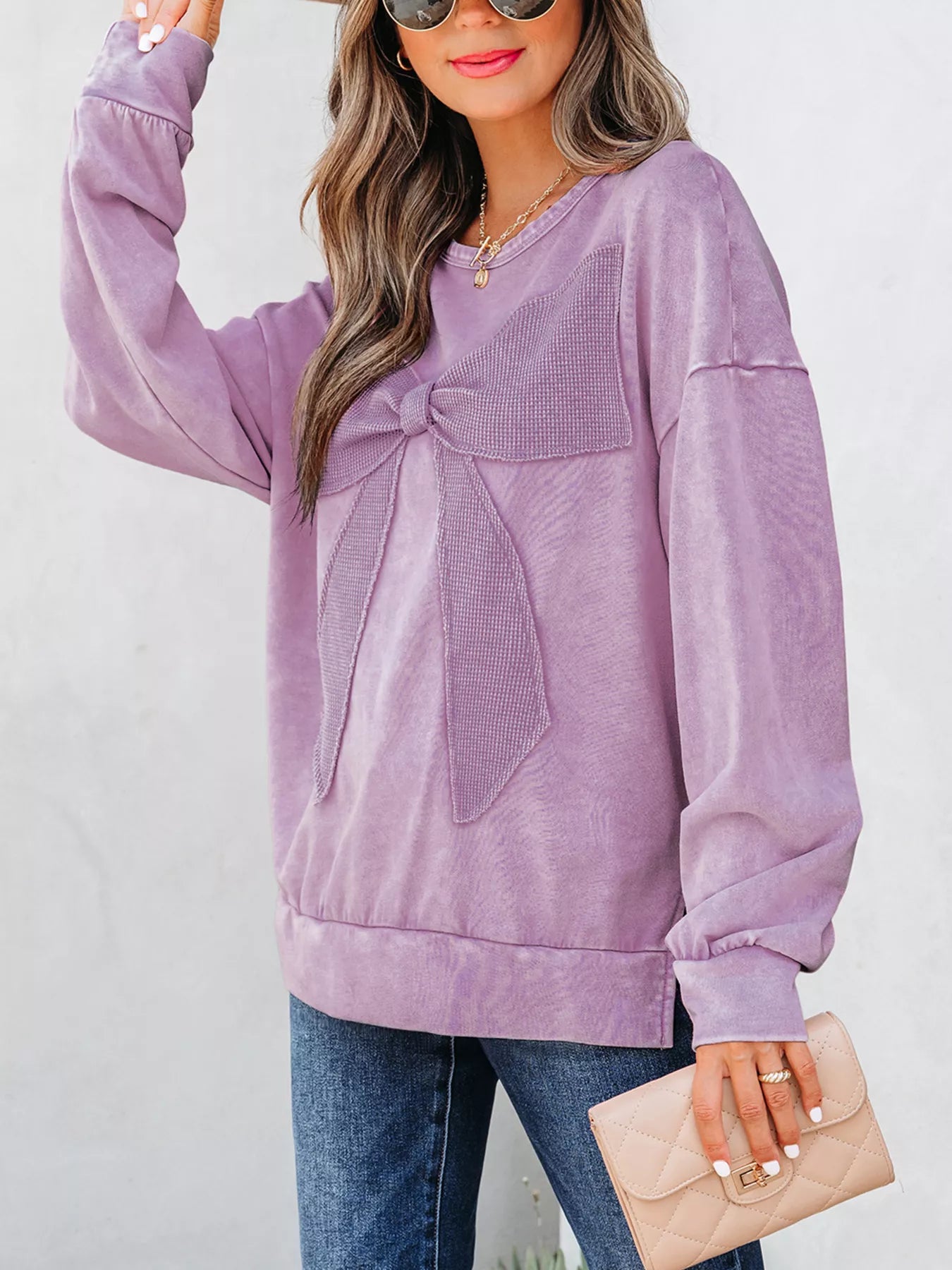 Mineral Wash Bow Patchwork Sweatshirt OutfitFlow