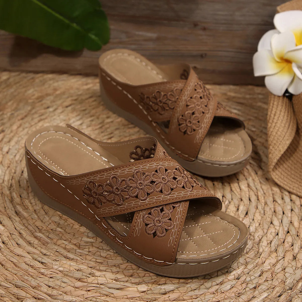 Peep Toe Wedge Sandals Brown OutfitFlow