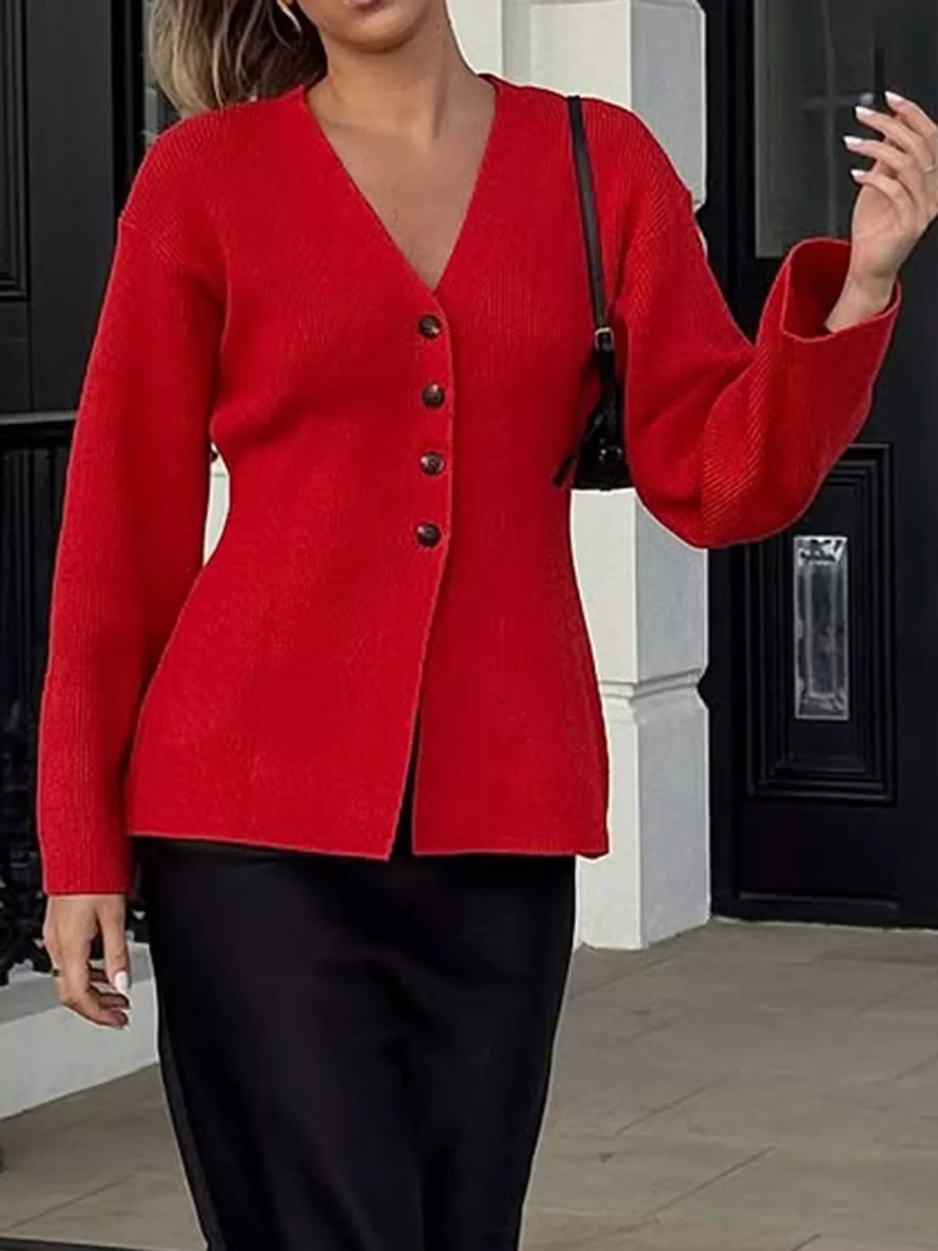 V-Neck Button-Down Knit Cardigan OutfitFlow