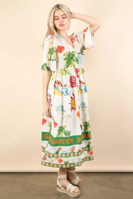 VERY J Button Down Printed Midi Dress OutfitFlow
