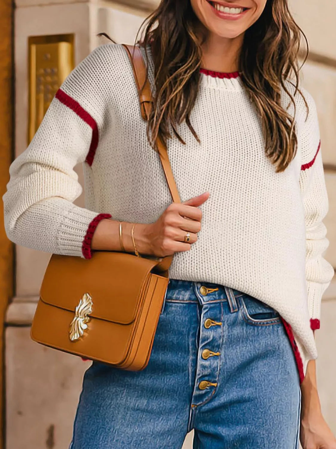 Contrast Trim Round Neck Sweater OutfitFlow