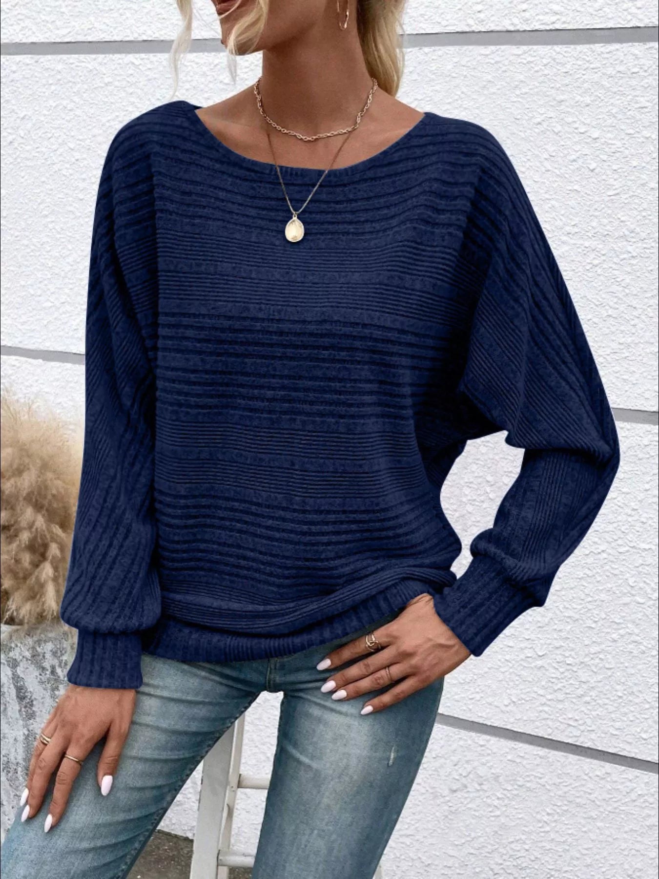 Ribbed Round Neck Long Sleeve Top Navy Blue OutfitFlow