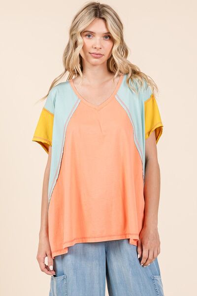 Mittoshop Color Block V-Neck Short Sleeve T-Shirt OutfitFlow