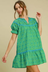 Umgee Full Size Eyelet Mini Dress With Ric Rac Trim Plus Size Green OutfitFlow