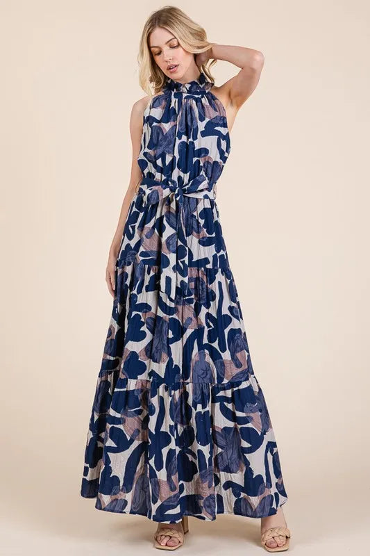 Lime 'N' Chili Abstract Halter Neck Tie-Waist Tiered Maxi Dress OutfitFlow