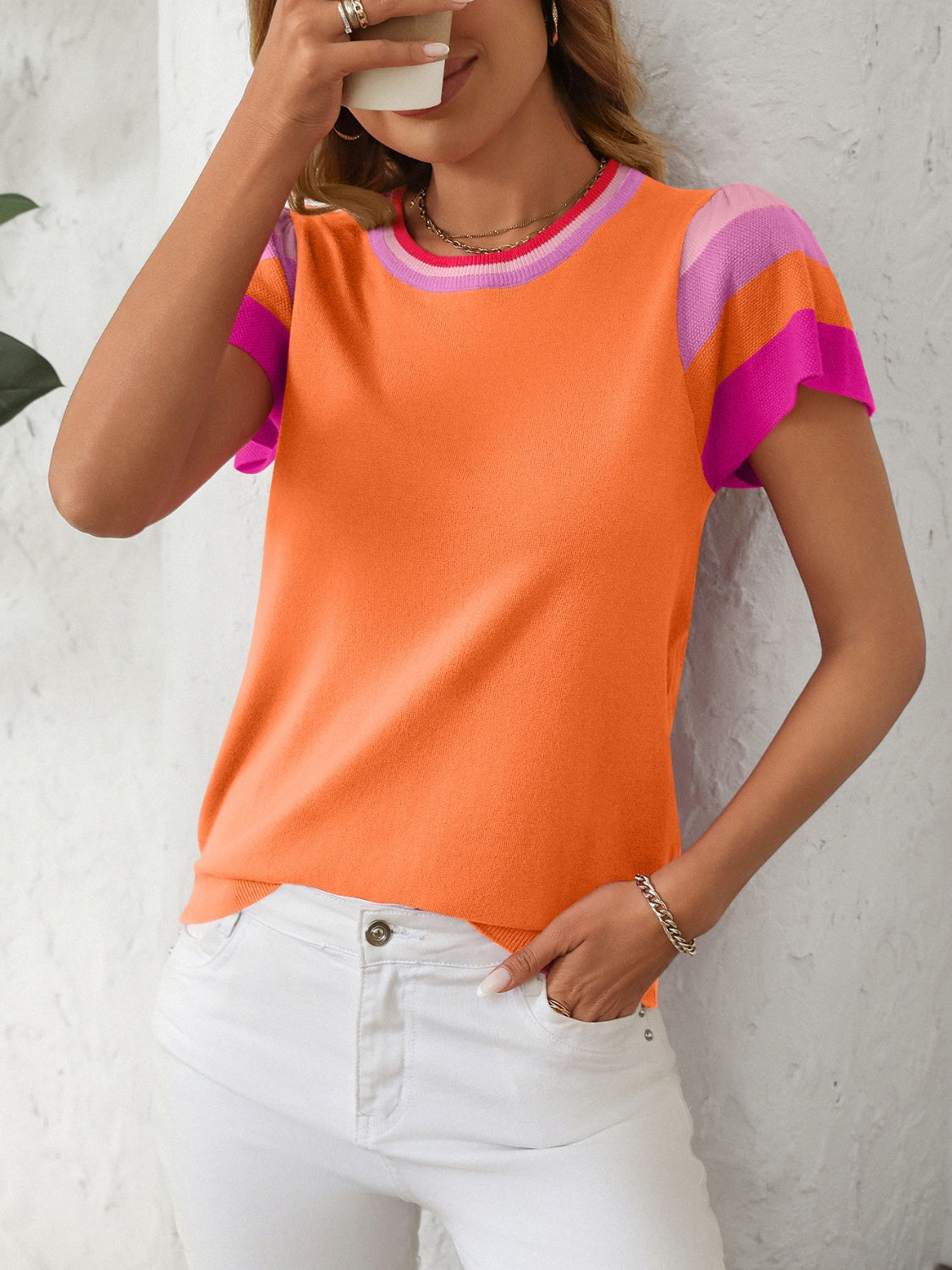 Outfit Flow - Mandy Contrast Round Neck Short Sleeve Knit Top