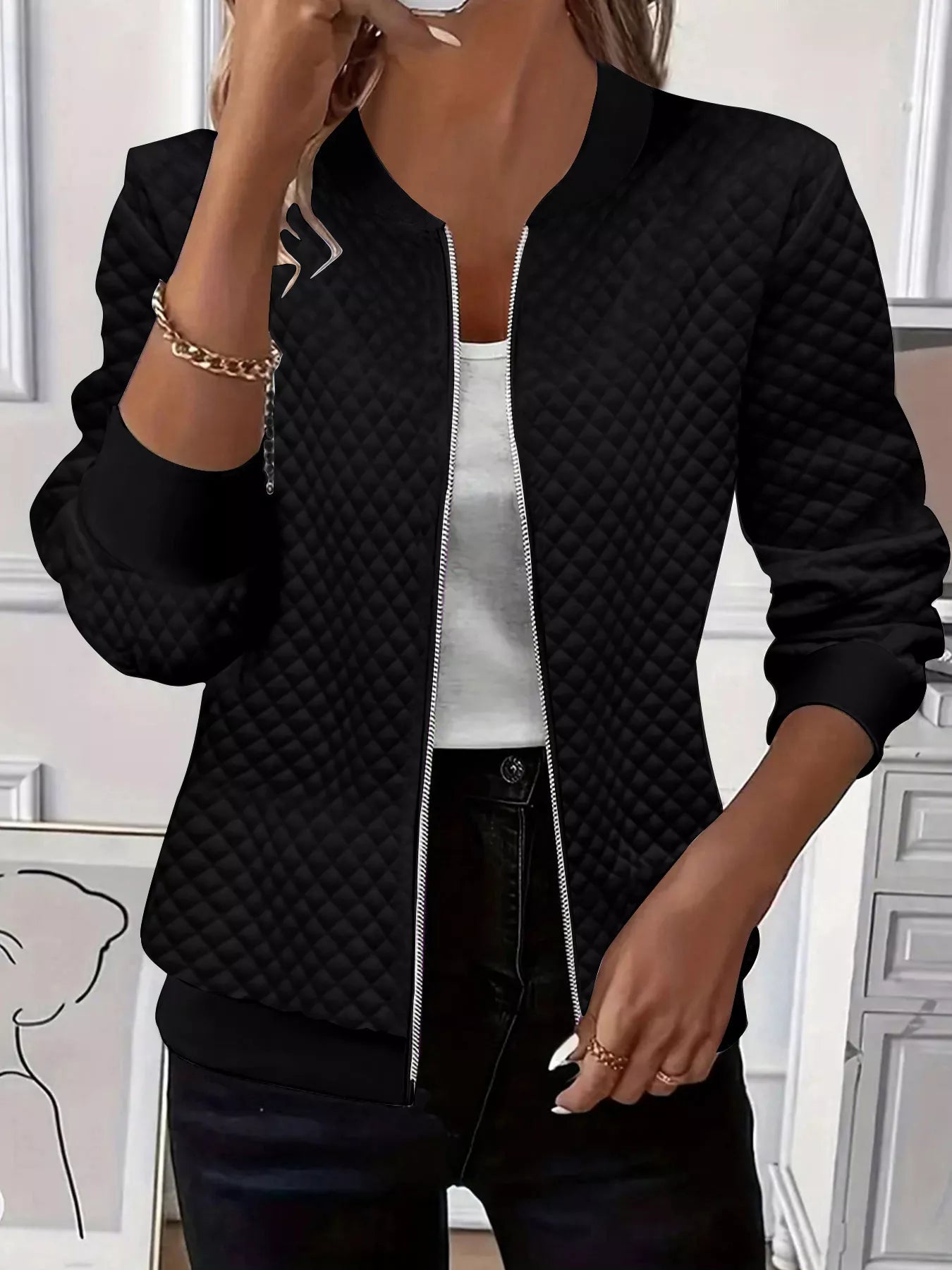 Textured Zip Up Long Sleeve Jacket Black OutfitFlow