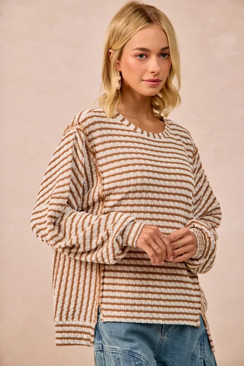 BiBi Open Seam Detail Textured Stripe Knit Top OutfitFlow