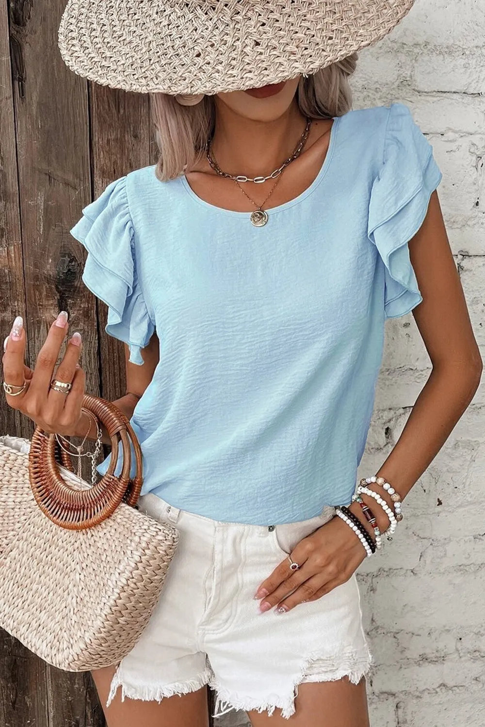 Solid Color Ruffled Short Sleeve Casual Blouse OutfitFlow