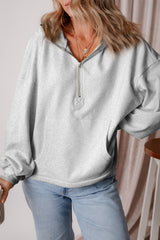 Pocketed Half Zip Dropped Shoulder Hoodie Light Gray OutfitFlow