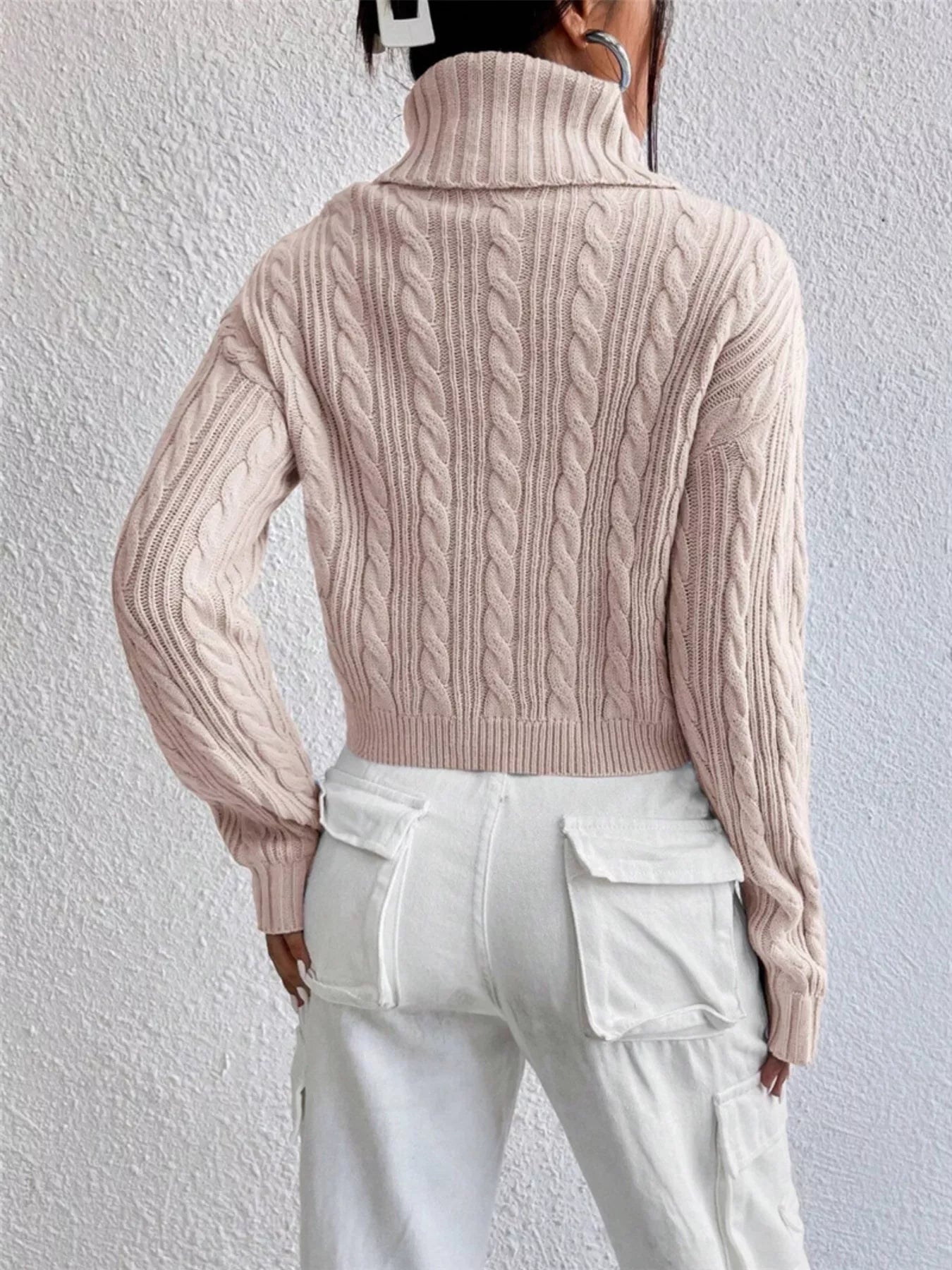 Cable-Knit Turtleneck Long Sleeve Sweater OutfitFlow