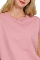 Zenana French Terry Round Neck Cap Sleeve T-Shirt OutfitFlow