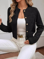 Openwork Button Up Long Sleeve Cardigan OutfitFlow