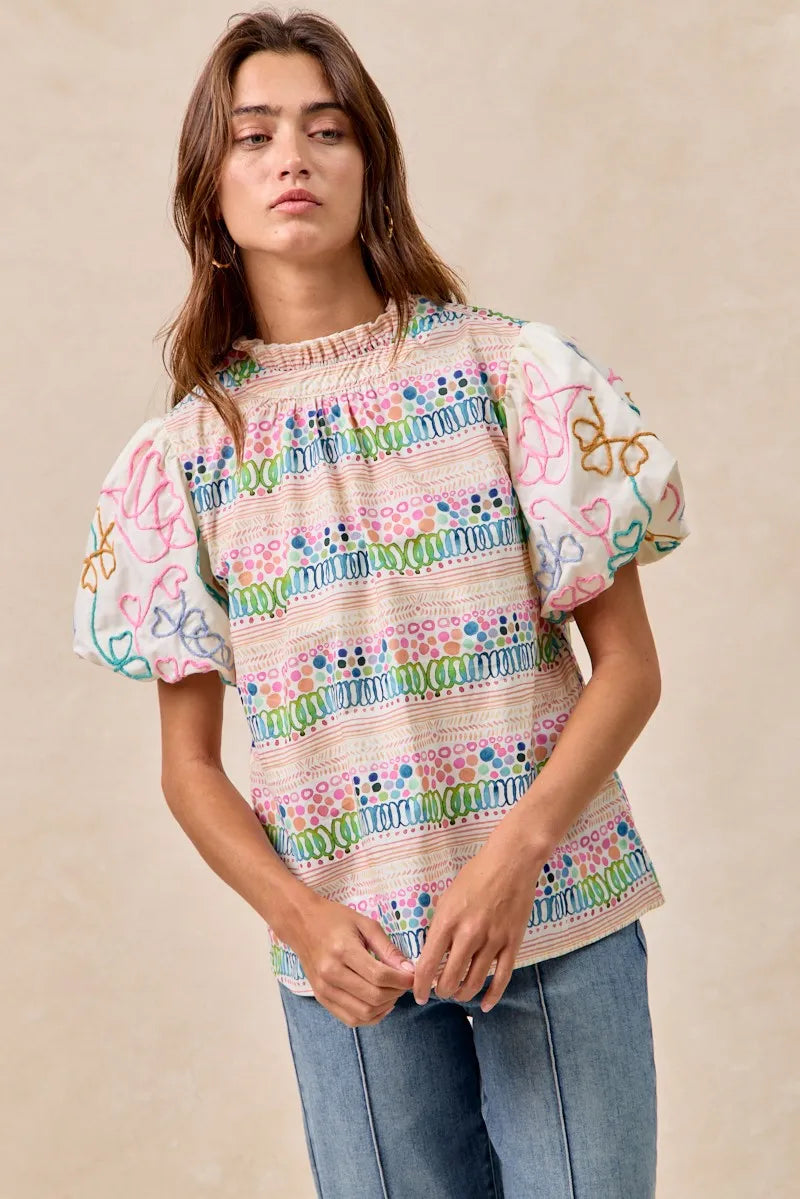 BiBi Ruffle Neckline Blouse With Embroidery Bubble Sleeve OutfitFlow