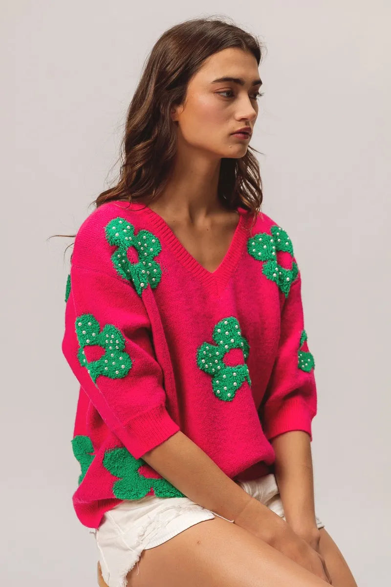 BiBi Pearl Beads Flowers Sweater Top OutfitFlow